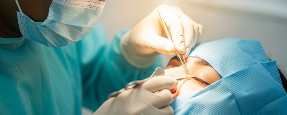 Close-up of an ophthalmologist gently performing therapeutic meibomian gland evacuation on a patient's eyelid to relieve dry eye symptoms, showing the careful, precise action.