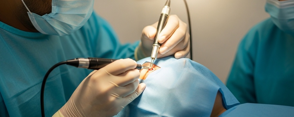 Close-up of a patient receiving Thermal Punctal Cautery for dry eyes, with a skilled South Asian ophthalmologist gently performing the procedure.