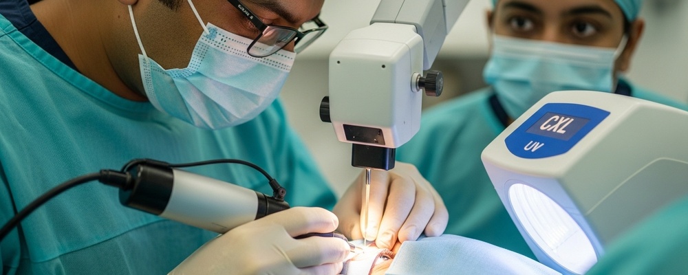 Close-up of a South Asian ophthalmologist performing Topography-Guided PRK + CXL (Athens Protocol) on a patient's eye, using advanced laser equipment for corneal reshaping and strengthening, ensuring clear vision.