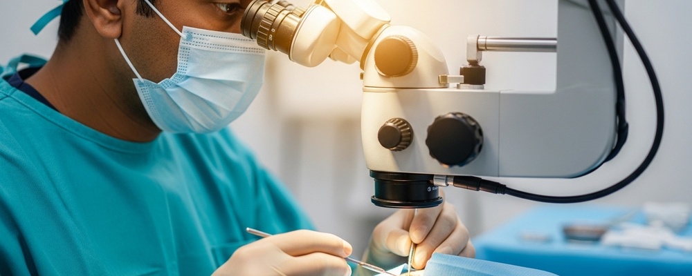 Close-up of a South Asian eye surgeon performing Trabeculectomy surgery on a patient's eye to relieve glaucoma pressure, with sterile drapes and specialized instruments.