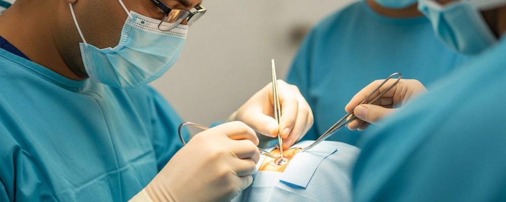 Close-up view of a South Asian surgeon carefully performing transposition surgery on a patient's eye to correct paralytic squint, restoring proper eye alignment and vision.