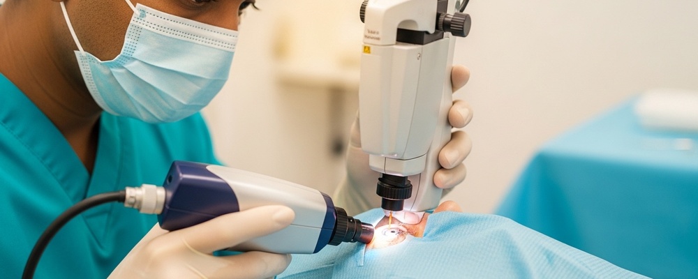 Close-up of a patient receiving YAG laser capsulotomy to clear cloudy vision after cataract surgery, with a skilled ophthalmologist operating the laser machine.