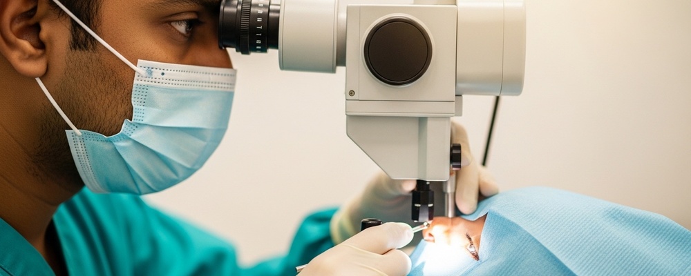 Close-up of a patient receiving YAG Laser Peripheral Iridotomy (LPI) for glaucoma, with a skilled ophthalmologist carefully performing the laser procedure on their eye.
