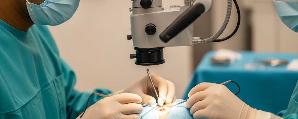 Close-up of a patient's eye undergoing Yamane Technique SFIOL, with a surgeon's gloved hands precisely implanting a secondary intraocular lens to restore vision.