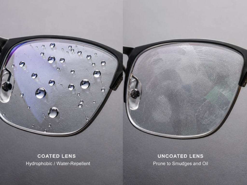 Close-up photo of water droplets beading off a coated spectacle lens beside a fingerprint-smudged uncoated lens.