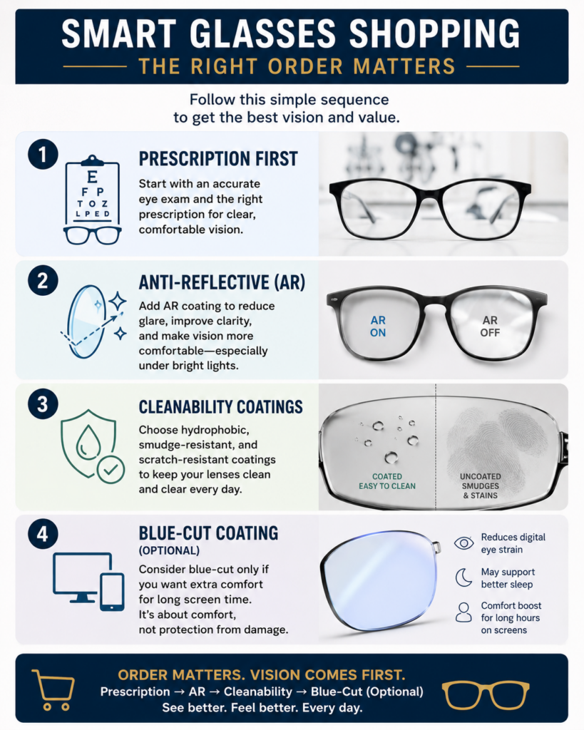 In-store checklist graphic showing the buying sequence- prescription first, AR second, cleanability coatings third, blue-cut optional.