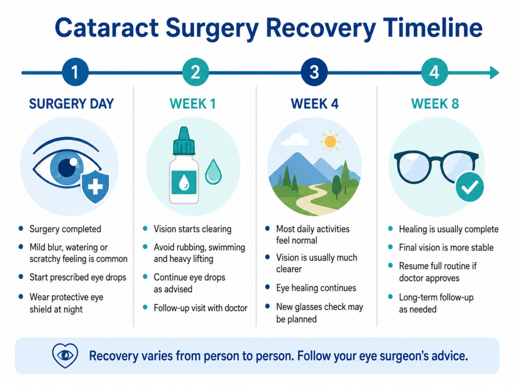 Recovery timeline graphic showing surgery day, week 1, week 4, and week 8 milestones.