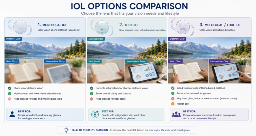 Side-by-side-graphic-comparing-monofocal-toric-and-multifocalEDOF-IOL-options