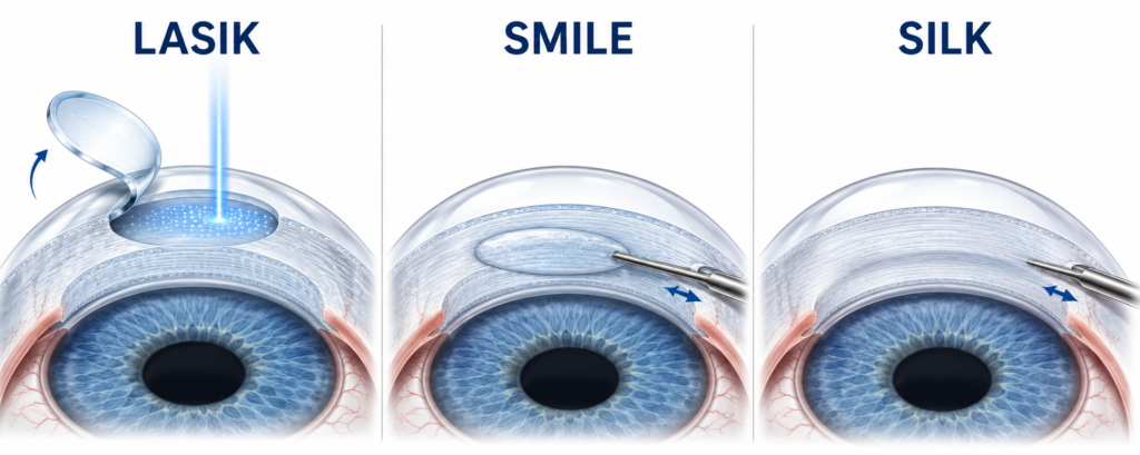 Side-by-side illustration showing a LASIK flap, a SMILE lenticule being removed through a small incision, and a SILK lenticule extraction with a smooth corneal interface concept.