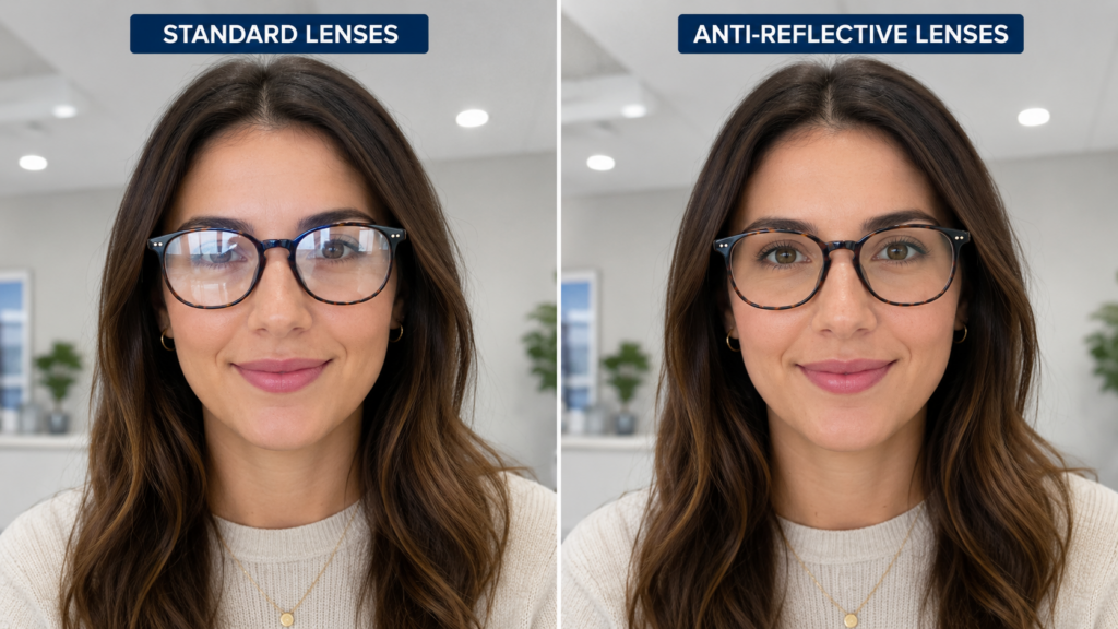 Side-by-side image of a person wearing standard lenses versus anti-reflective lenses under bright indoor lighting