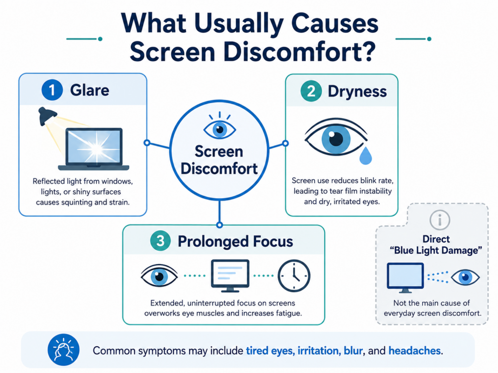 Simple diagram showing that most screen discomfort comes from glare, dryness, and prolonged focus rather than direct blue light damage
