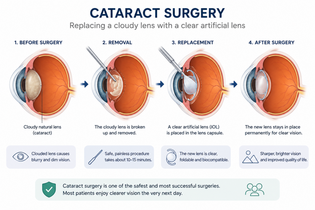 Simple illustration showing a cloudy cataract lens being replaced by a clear artificial lens.