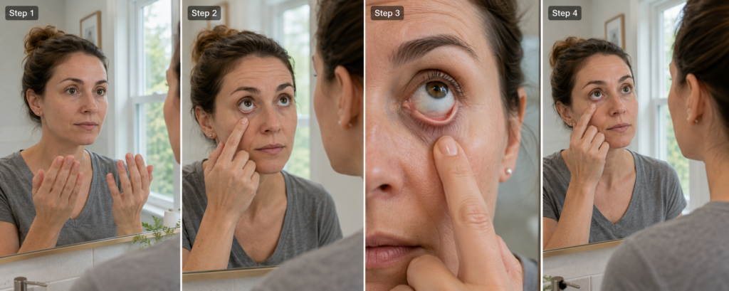 Step-by-step-inner-eye-lid-mirror-self-check-photo-sequence-in-daylight
