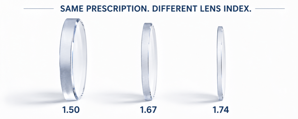 Diagram showing how the same prescription becomes thinner as lens index increases from 1.50 to 1.67 to 1.74.