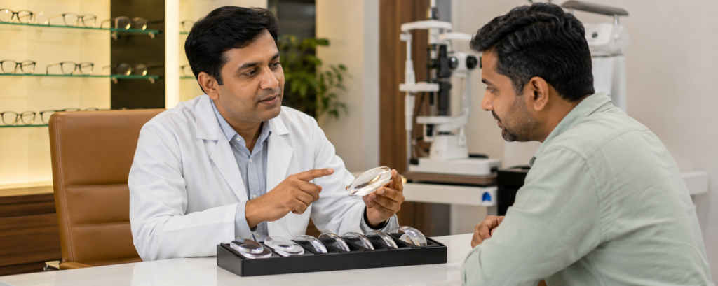 In-clinic photo of an optician or ophthalmologist showing lens thickness differences to a patient.