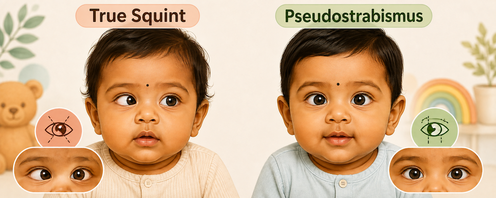Parent-friendly illustration showing true squint versus pseudostrabismus in infants.