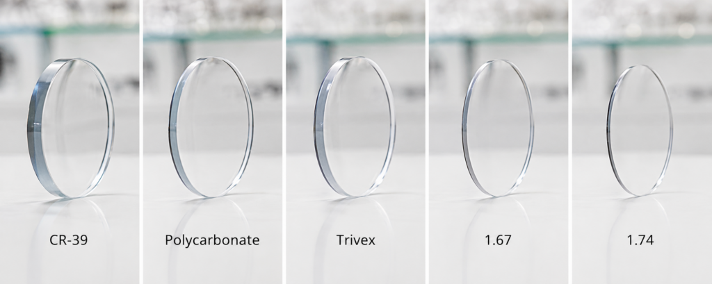 Side-by-side photo of the same prescription lens made in CR-39, polycarbonate, Trivex, 1.67, and 1.74.