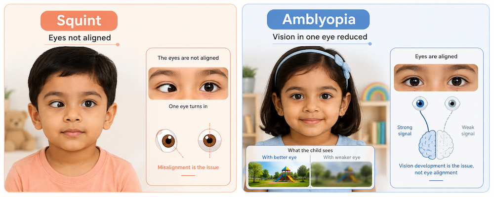 Side-by-side visual comparing squint (misaligned eyes) and amblyopia (reduced vision development).