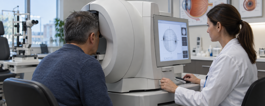 Clinical photo of a patient undergoing a dilated eye exam or visual field testing.