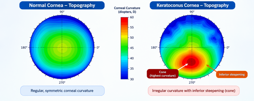 Color corneal topography map showing the cone and inferior steepening