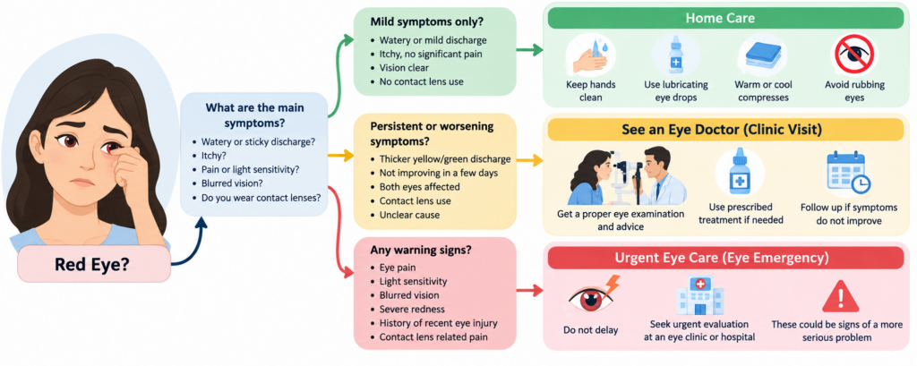 Flowchart showing home care, clinic visit, and urgent eye emergency pathways.