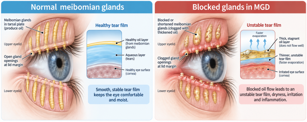 Illustration of normal meibomian glands versus blocked glands in MGD.