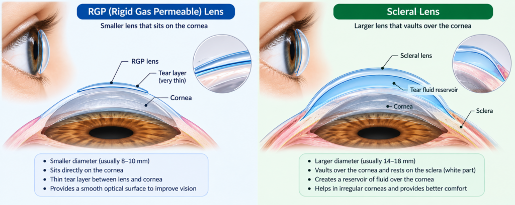 Illustration showing how an RGP lens and a scleral lens sit on the eye