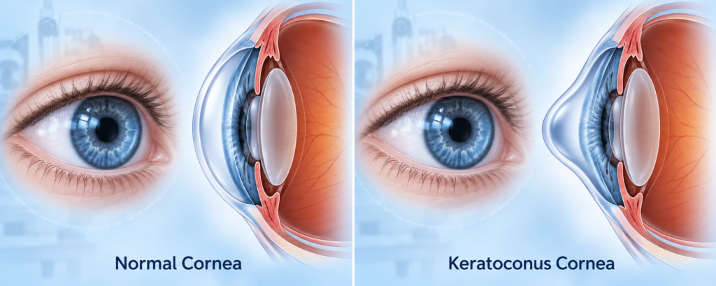 Side-by-side diagram of a normal cornea and a keratoconus cornea