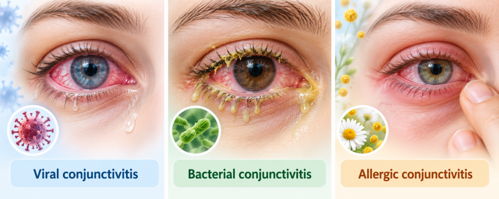 Side-by-side illustration showing watery viral discharge, thick sticky bacterial discharge, and itchy watery allergic conjunctivitis.