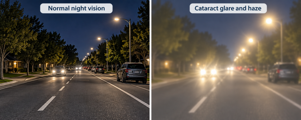 Side-by-side visual showing normal night vision versus glare and haze from cataract.