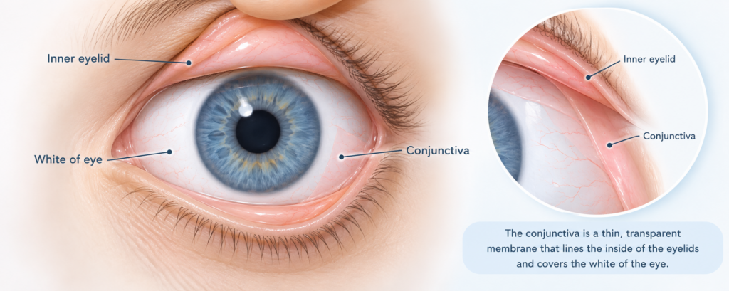 diagram showing the conjunctiva covering the white of the eye and the inner eyelid.