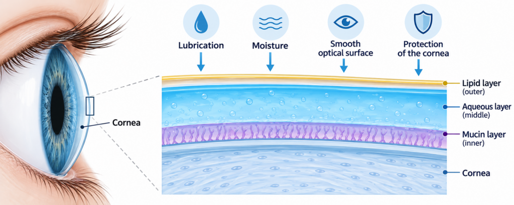 diagram showing the tear film layers and how tears protect the cornea.